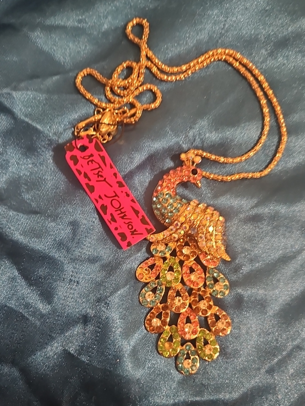 Betsey Johnson Gold-Tone Peacock Pendant Necklace with Pink Tag